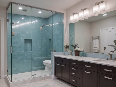 A bathroom with a large mirror and a large mirror.